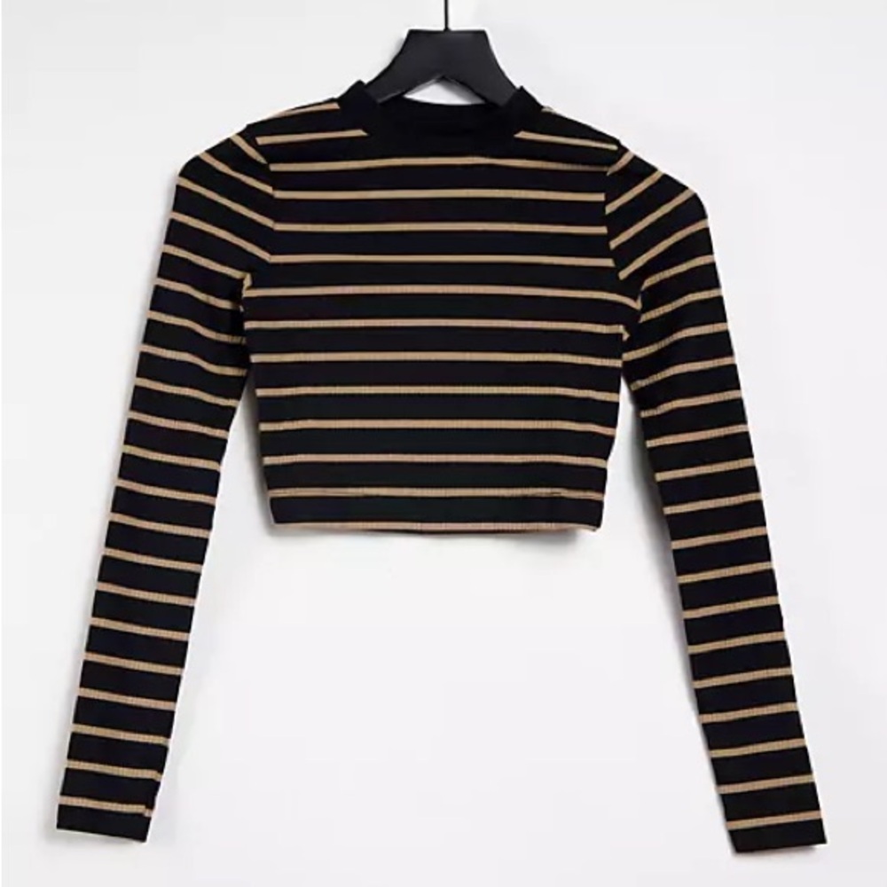 ASOS COLLUSION rib stripe long sleeve top in black and tan size 8